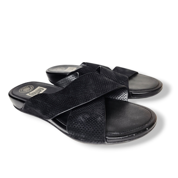 Fitflop Aix Black Perforated Nubuck Leather Slip On Slide Sandals Size 9 - Picture 9 of 9